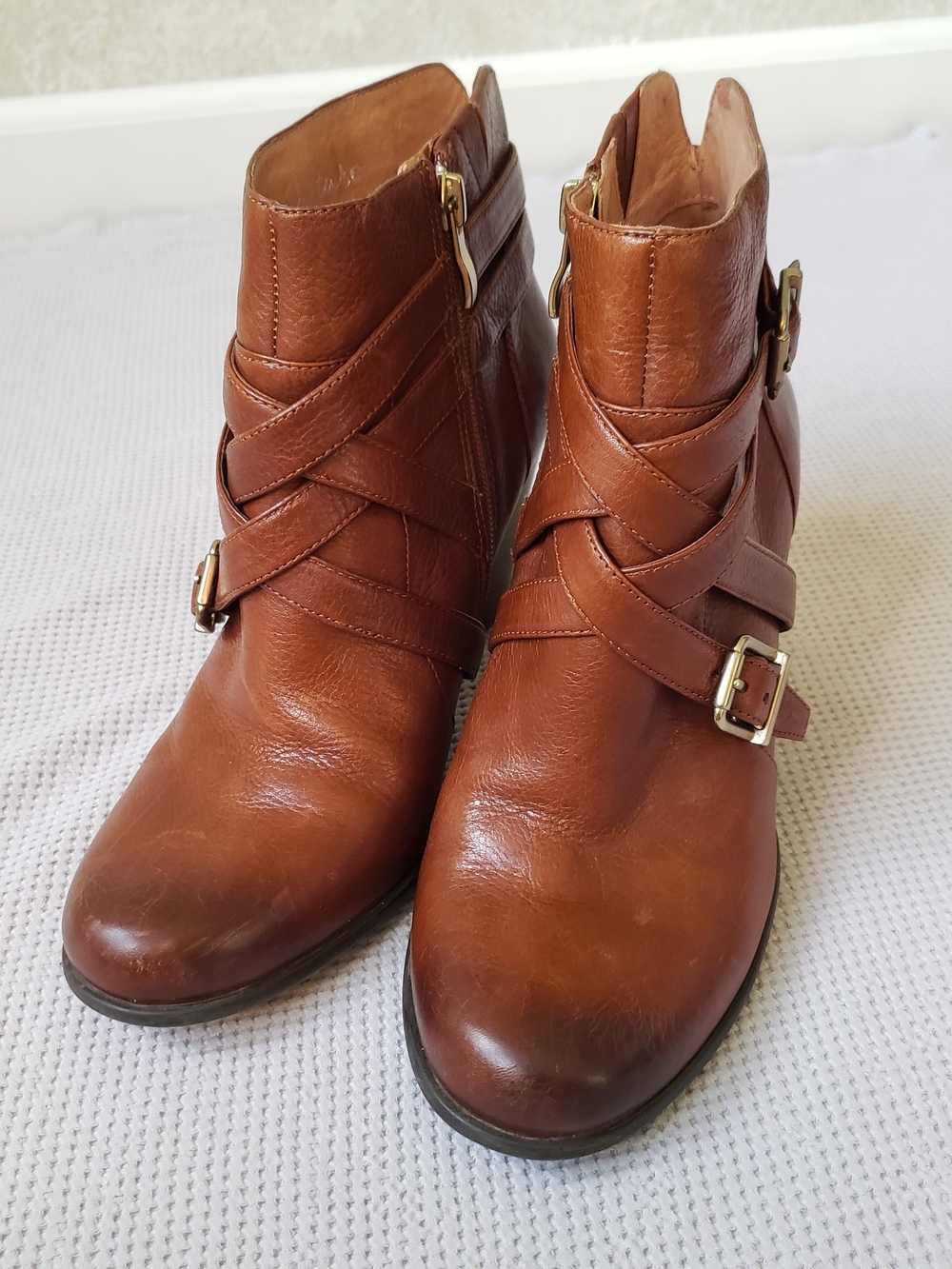 Nurture by Lamaze Cognac Brown Leather Ankle Booties with Buckle Straps